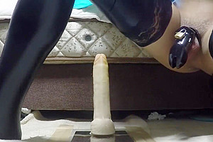 20170227_Trying anal dildo with chastity and latex thigh high socks