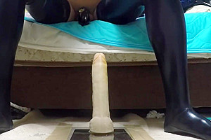 20170227_Trying anal dildo with chastity and latex thigh high socks