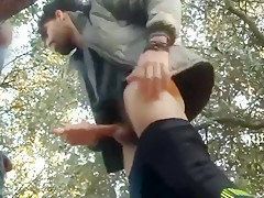 A hairy guy suck 3 dicks in the woods