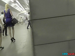 A-line skirt on skinny ass of a blonde in upskirt vid