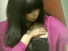 Asian ho rubs hairy pussy