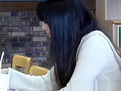Asian ho rubs hairy pussy