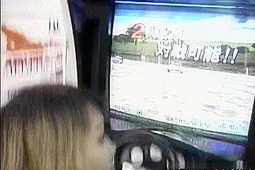 Beautiful Asian babes in bikini give a double blowjob in a public place!