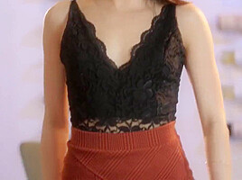 Beautiful brunette Cherry of the Month strips and teases