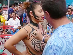 Big tits girl public body painting