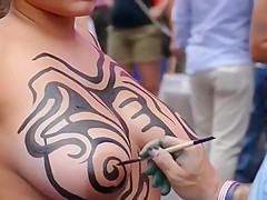 Big tits girl public body painting