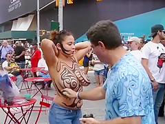 Big tits girl public body painting