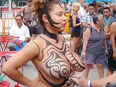 Big tits girl public body painting