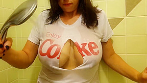 Big tits, long nipples and wet tshirt ripped off in the shower  Soapy boobs