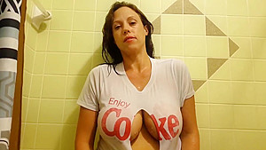 Big tits, long nipples and wet tshirt ripped off in the shower  Soapy boobs