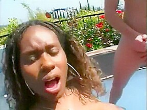 Black beauty with a superb ass invites three guys to roughly fuck her holes outside