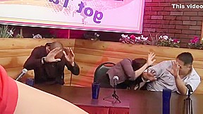 Blonde babe squirts over interview panel before being pussy f