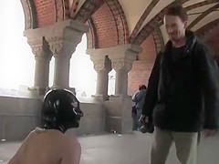 Blonde slut with gimp mask in public