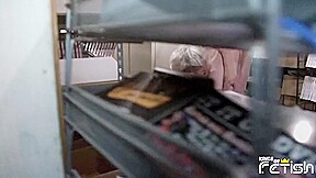 Blonde twink gets cum on ass after having deep anal fuck with his lover at work