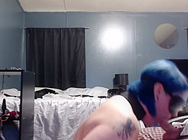Blue hair bondage emo slut deepthroating cock for facial 