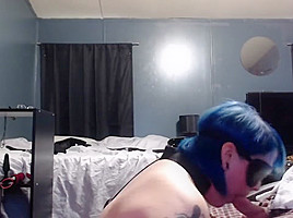 Blue hair bondage emo slut deepthroating cock for facial 