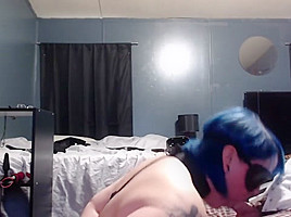Blue hair bondage emo slut deepthroating cock for facial 