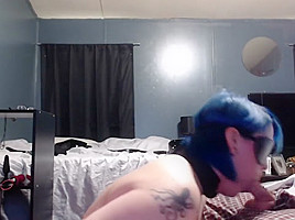 Blue hair bondage emo slut deepthroating cock for facial 