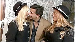 British blond whores in a FFM trio clothed as coppers
