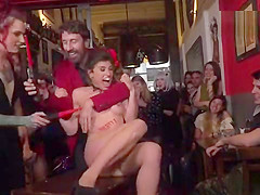 Brunette slut disgraced in public bar