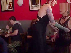 Brunette slut disgraced in public bar