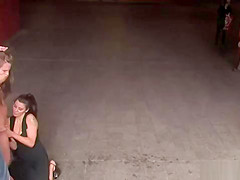 Brunette sucking outdoor in public