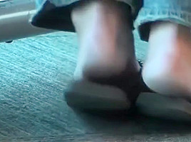 Candid Asian MILF nice rough soles in flip flops