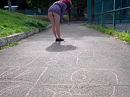 Crazy Girl Without Panties Playing Hopscotch In Public Park