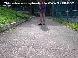 Crazy Girl Without Panties Playing Hopscotch In Public Park