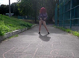 Crazy Girl Without Panties Playing Hopscotch In Public Park