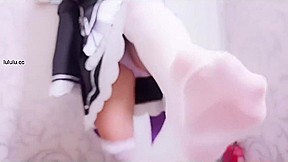 Cute asian maid cosplay riding dildo