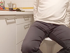 Desperate Urination And Ejaculation In The Kitchen