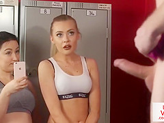 Femdom beauties humiliate wanking guy