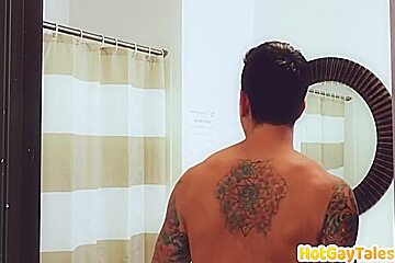 Gay Porn - Bathroom Stud Barebacked And Jizzed By Bf Under Shower 5 Min