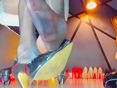 Girl In Black Tights And Heels Slowly Removes Her Shoes And Shows Her Feet