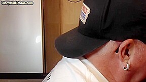 Gloryhole BJ DILF sucks dick and eats cum in home closeup