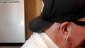 Gloryhole BJ DILF sucks dick and eats cum in home closeup