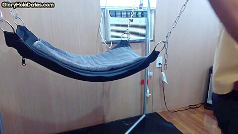 Gloryhole amateur DILF fucked by fat gay in sling after BJ