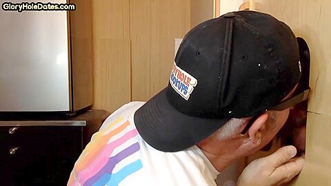 Gloryhole homemade DILF sucks and wanks BFs cock at home