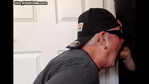 Gloryhole loving mature gay sucks cock in homemade BJ