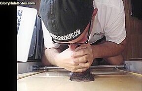 Gray DILF blows and jerks hairy rod through gloryhole
