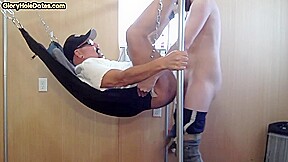Homemade gloryhole BJ DILF barebacked in sling at home