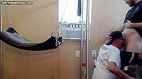Homemade gloryhole BJ DILF barebacked in sling at home