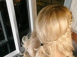 Hot blonde smokes on the balcony and sucks a dirty dick