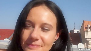 Hot brunette babe Enza doing it for the money and sucking cock