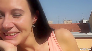 Hot brunette babe Enza doing it for the money and sucking cock