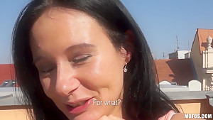 Hot brunette babe Enza doing it for the money and sucking cock