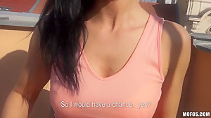 Hot brunette babe Enza doing it for the money and sucking cock