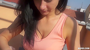 Hot brunette babe Enza doing it for the money and sucking cock