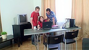 Hot threesome in the office with old granny